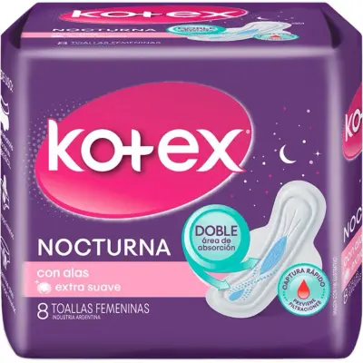 Toallas Femeninas Kotex Nocturna con Alas x 8